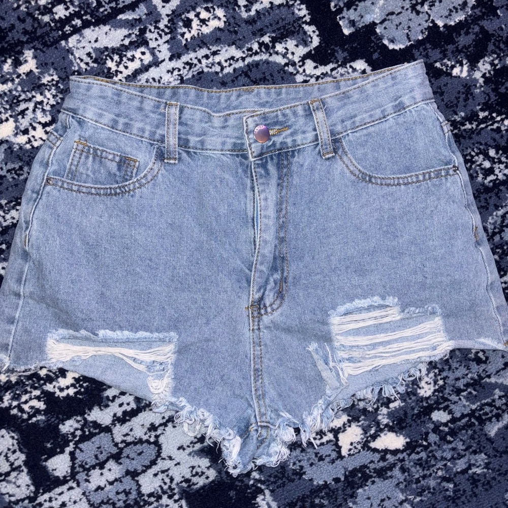 SHEIN Light Blue Distressed Jean Shorts with Smiley face pockets